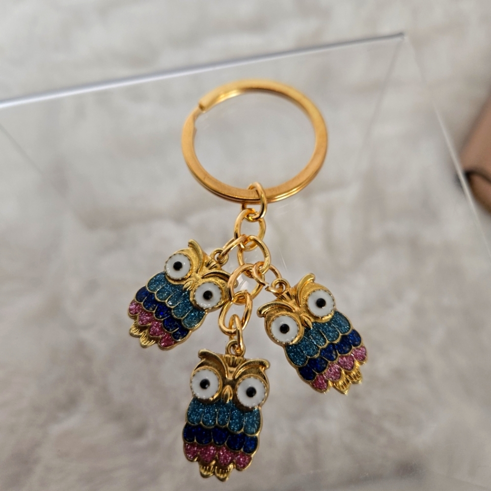 Gold, Blue, & Pink Jeweled Owl Keychain NWOT